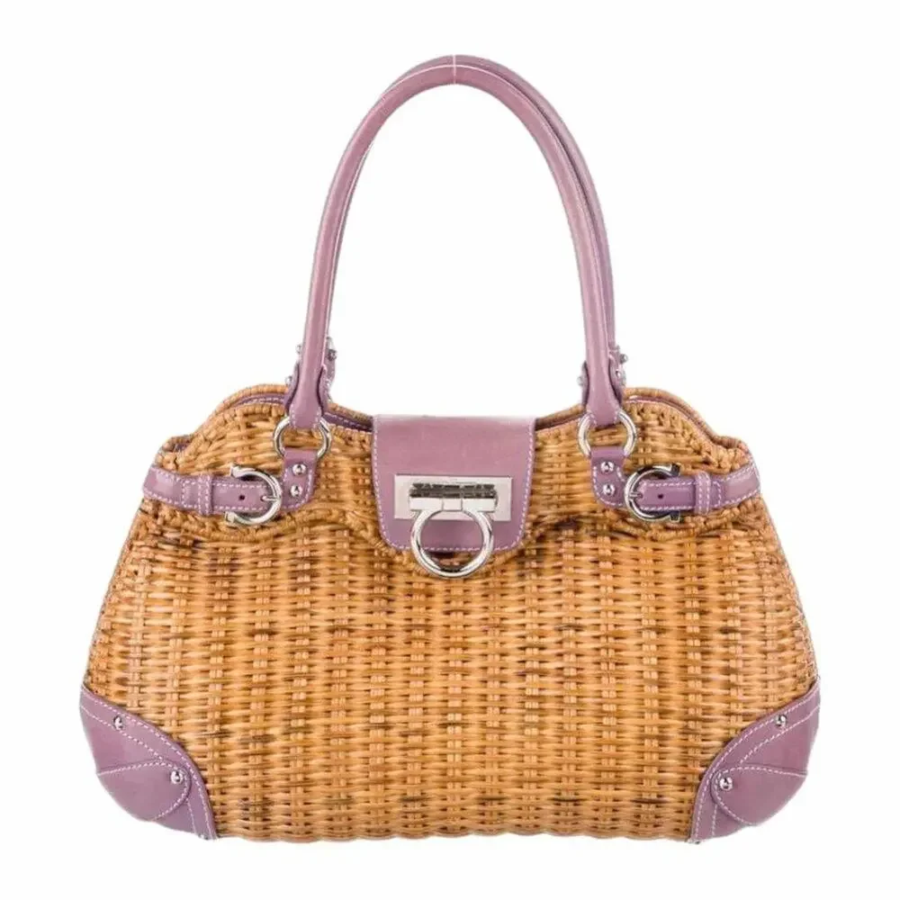 Salvatore Ferragamo Vintage Wicker & Purple Leather Gancini Top Handle Bag RARE - Picture 3 of 15